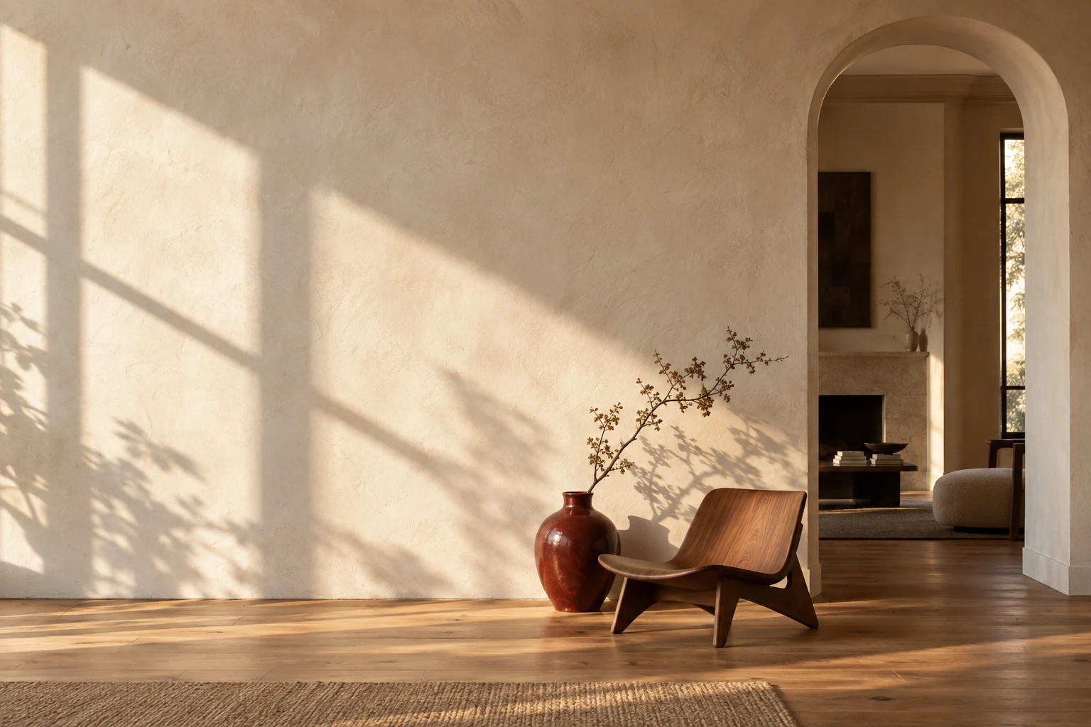 Conceptbeeld: warm interieur met kalkkleurige muren en een houten fauteuil